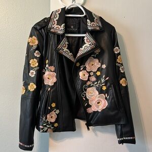 Like New Embroidered Faux Leather Moto Jacket black/multi Sz XS, fits XS/S